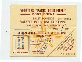 1961 Vedettes Paris Tour Eiffel Circuit Sur La Seine Used Ticket - $11.88