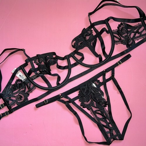 Victoria&#39;s Secret unlined 34DD BRA SET M strappy BLACK CUTOUT APPLIQUE e... - $69.29