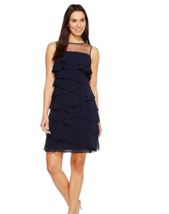 Adrianna Papell Tiered Lined Cocktail Dress Illusion Neck Size 8 BLUE MO... - £66.30 GBP