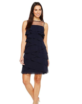 Adrianna Papell Tiered Lined Cocktail Dress Illusion Neck Size 8 BLUE MO... - £65.09 GBP