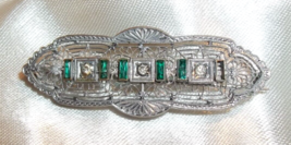 Vintage Victorian Silver Tone Filigree Pin with Green and Clear Stones - $9.89