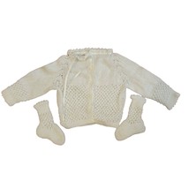 Vintage Handmade Baby Crochet/Knitted Set White 2 Piece Sweater Booties Layette - £18.68 GBP