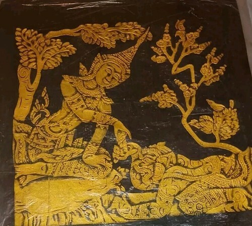 Vintage Thai Temple Rubbing Art Gold on Black Rice Paper Hunaman Nang Seeda Item image 3
