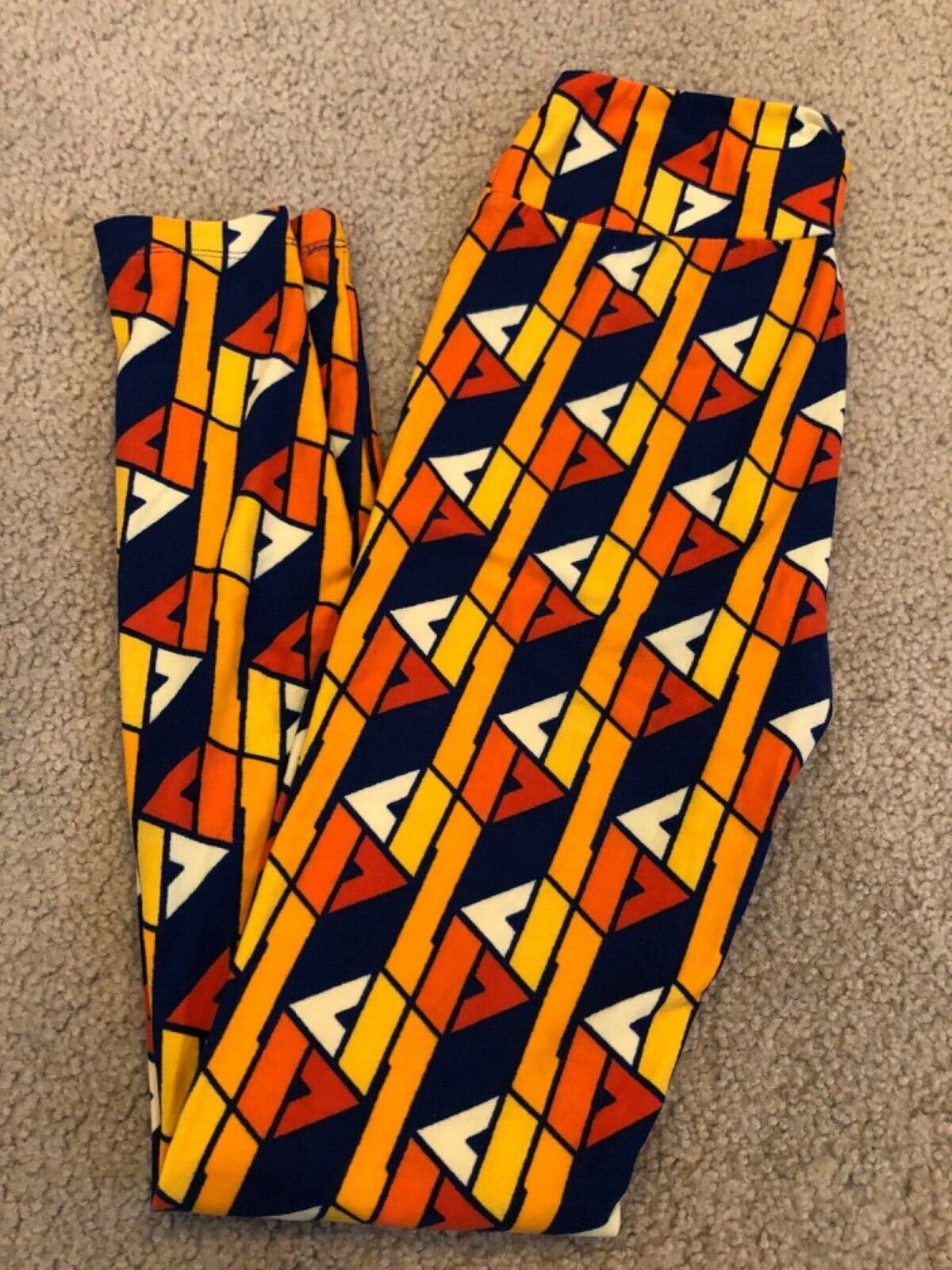 NEW OS LuLaRoe BLUE Leggings Orange Triangles Stripes Aztec Geo One Size... - $11.30