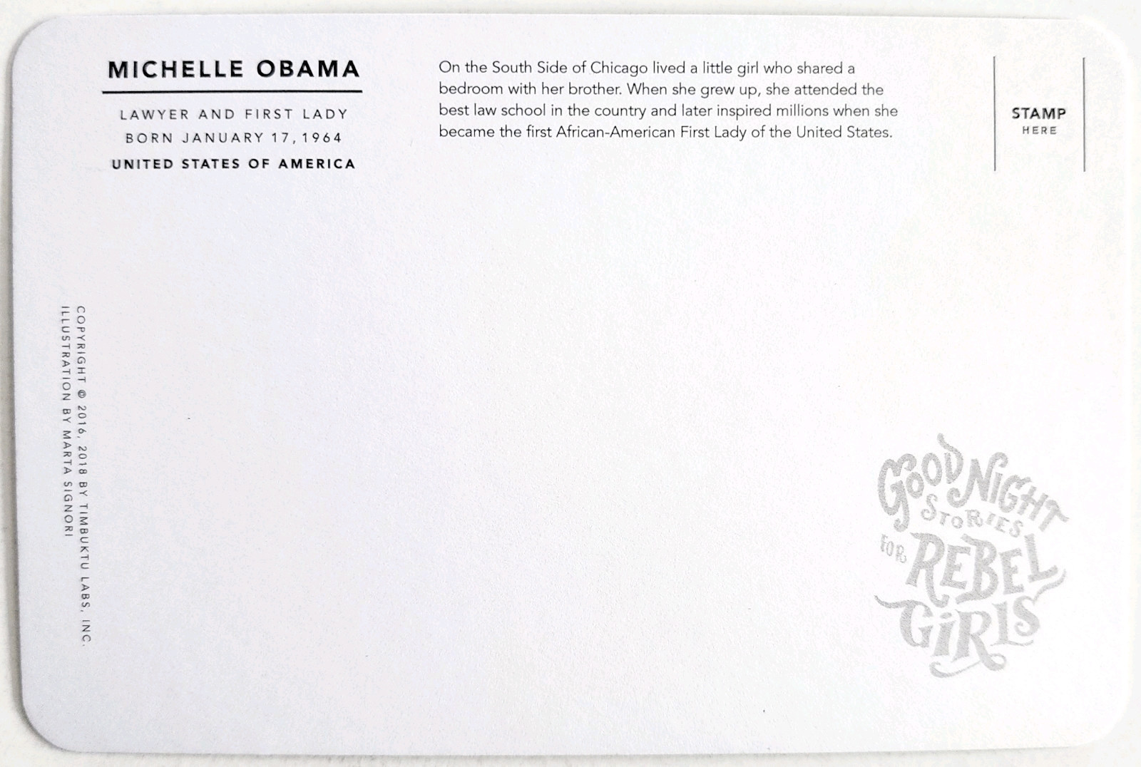 Michelle Obama Art Postcard Lawyer First Lady 2018 Pioneer Unposted F1A Item image 3