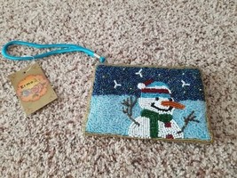 Vintage Ermo Beaded Snowman Small Wristlet Purse Beaded Blue Coin Purse ... - £15.25 GBP