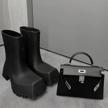 Women&#39;s Black Punk Rain Boots Plain Black Square Toe Ankle Boots Outdoor Waterpr - £143.73 GBP
