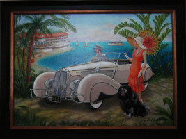 Delahaye with Keeshond along the Beach Lee Dubin Original Framed Oil Painting - £11,990.33 GBP