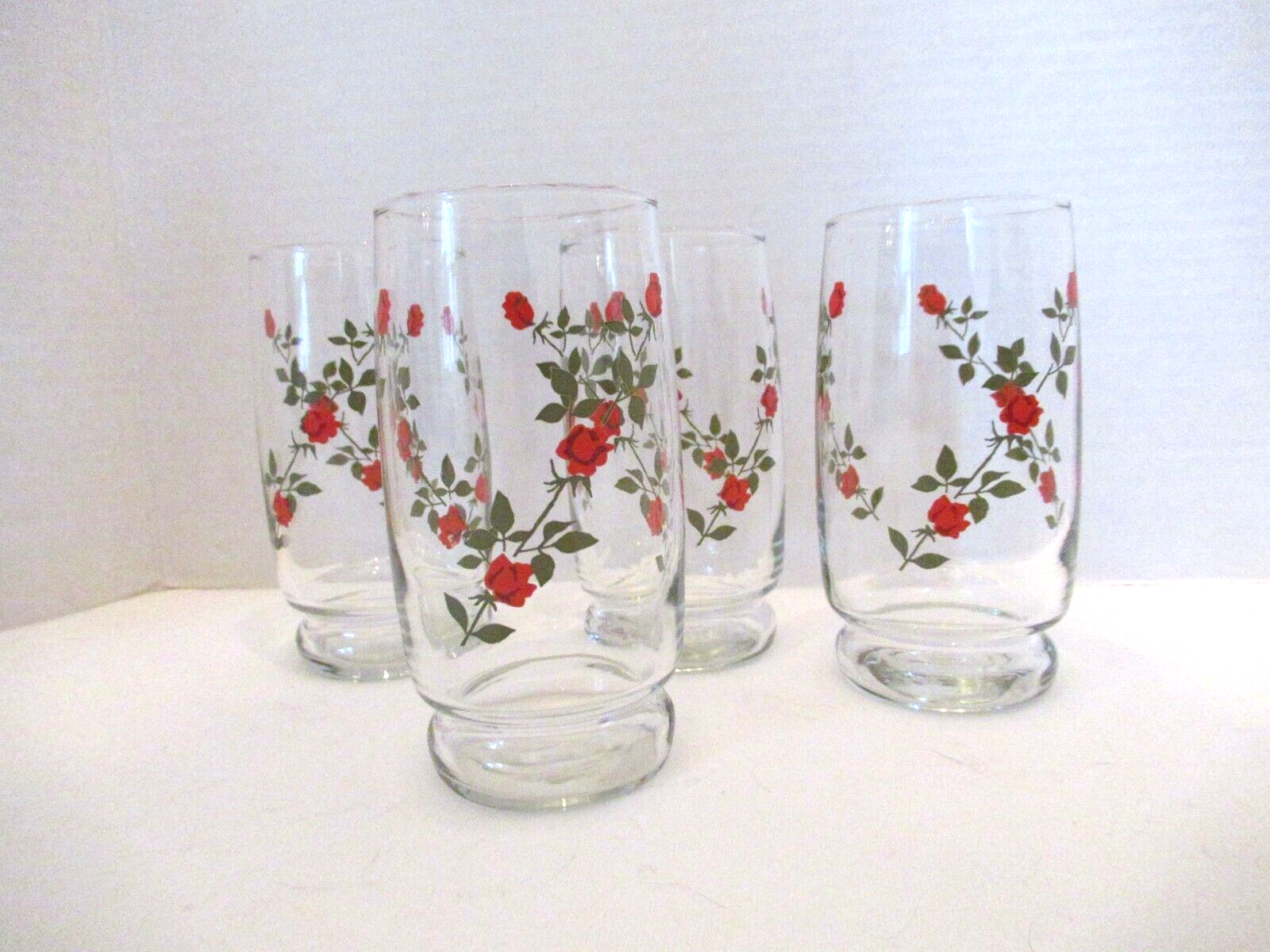 Primary image for Vtg Anchor Hocking set of 4 glasses drinking red rose vine 5-1/4" 1970's