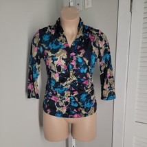 New Rafaella Ruched Shirt Blouse ~ Sz L ~ Black &amp; Blue ~ 3/4 Sleeve - £19.06 GBP