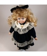 Porcelain Doll w Stand Blue Velvet Dress Hat Ivory Lace Blonde Hair Pear... - $19.28