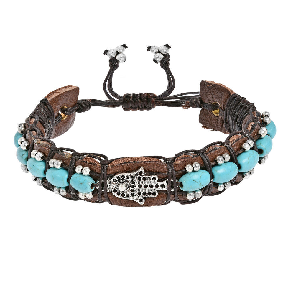 Mystical Hamsa Hand Symbol w/ Turquoise Stones Leather Cuff Bracelet - $14.84