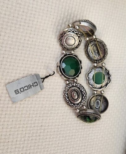 NWT Chico's Stretch Bracelet Silver Tone with Faux Assorted Green Stones Design - $19.95