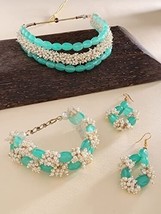 Beads Kundan Pearls Multi Strand Choker Necklace Earring Bracelet Jewelry Set - £26.46 GBP