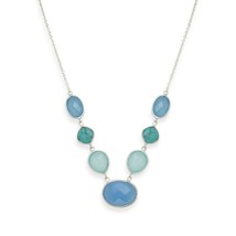925 Sterling Silver Stabilized Turquoise &amp; Chalcedony Statement Necklace 16&quot;+2&quot; - £137.68 GBP