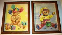 Set of 2 Vintage Teddy Bear Wall Art Paintings Framed 9 x 11 Signed RDW - $19.80