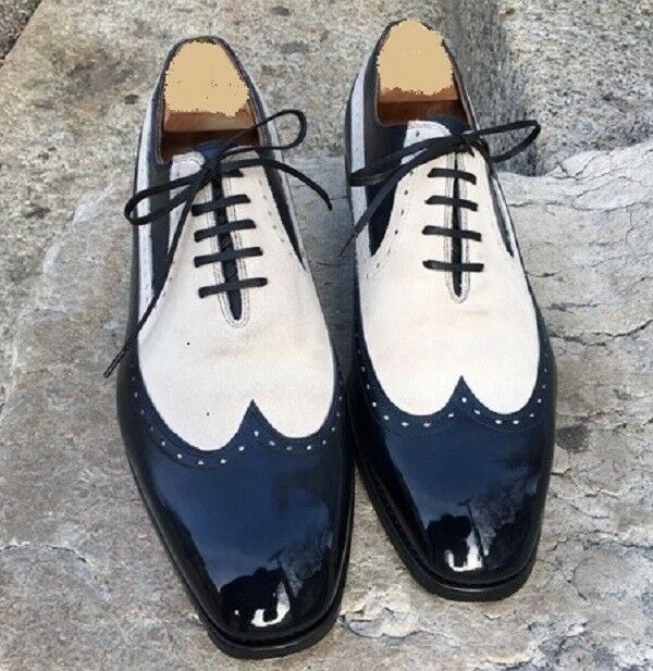 Men's Oxford Black White Contrast Wing Tip Genuine Leather Lace Up Shoes US 7-16