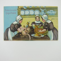 Thanksgiving Postcard Pilgrim Women Cooking Pumpkin Embossed Antique 1908 - £7.86 GBP