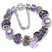 BRACE CODE  Purple Charm Bracelet with Purple Crystal Beads and Butterfly Pendan - £10.96 GBP