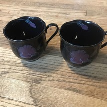 Vtg &#39;80s Mikasa Rondo Tango EJ 702 Black Tea Cup Mug Set 2 Purple Floral Japan - £7.15 GBP