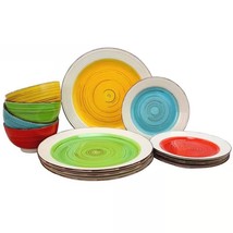 12-Piece Ceramic Dinnerware Set in Blue Red Yellow Green Beige - Service for 4 - £94.86 GBP