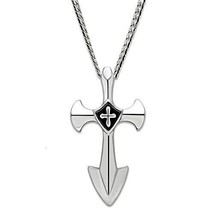 Mens Gothic Cross Pendant Sword Style Stainless Steel Cuban Chain Necklace 19.5&quot; - £52.18 GBP
