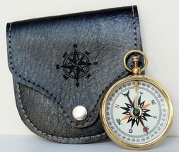 Antique Brass Pocket Compass With Leather &amp; Nautical Navigation Tool For Camping - £35.99 GBP