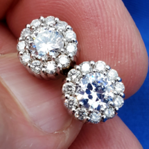 Earth mined Diamond European Earrings Deco Style Halo Studs Solid 14k Wh... - $11,015.25
