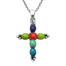 Southwestern Style Colorful Mix Stones Cross Sterling Silver Necklace - £15.18 GBP
