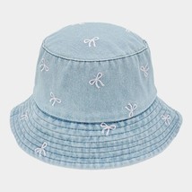 Embroidered Coquette Pink Bow on Light Blue Cotton Denim Bucket Hat - $24.75