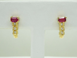 BEAUTIFUL RED .40ct tw Ruby &amp; Diamond J Earrings 14k Yellow Gold - £1,278.73 GBP