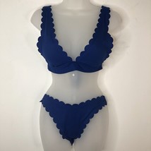 Aerie Size M Blue 2 Pc Bikini Waffle Knit Scalloped Padded Top High Waist Bottom - £20.77 GBP