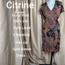 Citrine Brown Floral Print 100% Silk Dress Size 8 - £21.96 GBP