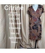 Citrine Brown Floral Print 100% Silk Dress Size 8 - £22.18 GBP