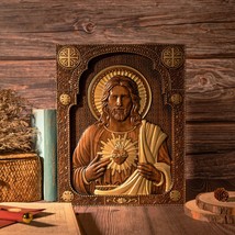 Sacred Heart of Jesus Wood Carving, Christian Catholic Saint Icon - $69.99+