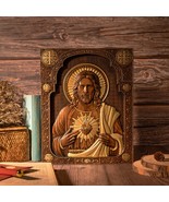 Sacred Heart of Jesus Wood Carving, Christian Catholic Saint Icon - £47.38 GBP+