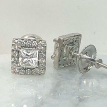 Authenticity Guarantee 
Princess Cut Halo Diamond Stud Earrings 14k White Gol... - £622.38 GBP