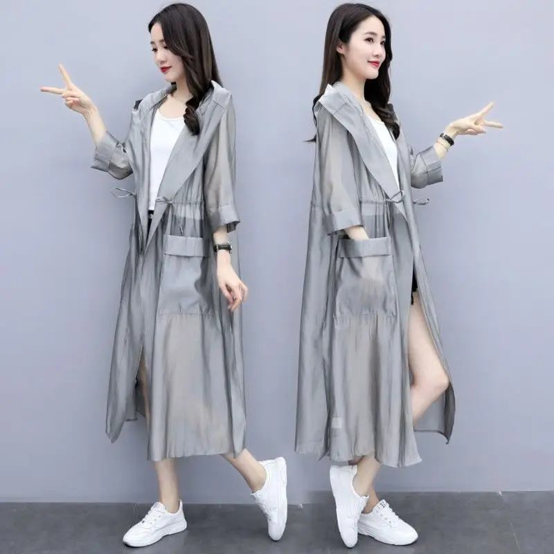  New Women Fashion Grey Thin Style Anti-burn Hooded Windbreaker Female Summer Ca - £85.87 GBP