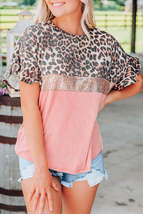 Pink Leopard Sequin Colorblock Patchwork Short Sleeve Top - £12.64 GBP