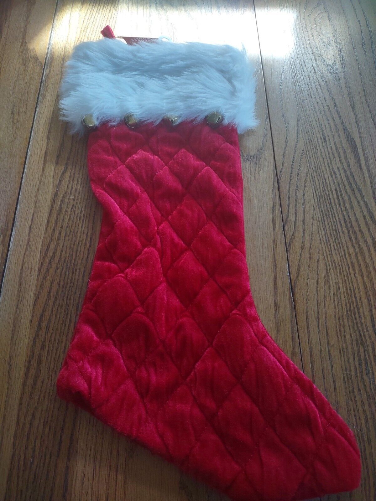 Christmas Home  Quilted Look Hanging Xmas Stocking With Bells-Brand New-... - $20.94