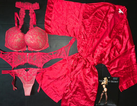 Victoria&#39;s Secret high-neck 34DDD Bra Set+Garter+Robe Fishnet Red Crystallized - £159.23 GBP