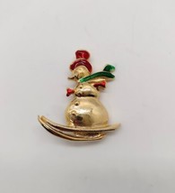 Vintage Enamel Gold Tone Skiing Snowman Brooch Pin Christmas Red Green S... - £7.77 GBP