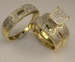 3Ct Lab Created Diamond Wedding His &amp; Her Trio Ring Set 14k Yellow Gold Plated - £126.17 GBP