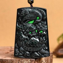 Craving Jade Dragon Tortoise and Crane Genuine Burma Black Jadeite Pendant Neckl - £71.36 GBP