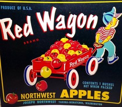 Red Wagon Apple Fruit Crate Label Boy Carts Red &amp; Gold Bushel 1940&#39;s Vintage - £12.35 GBP