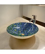 17" Multicolor Checkered Pattern Tempered Glass Bowl Vessel Above Counter Sink - $167.31