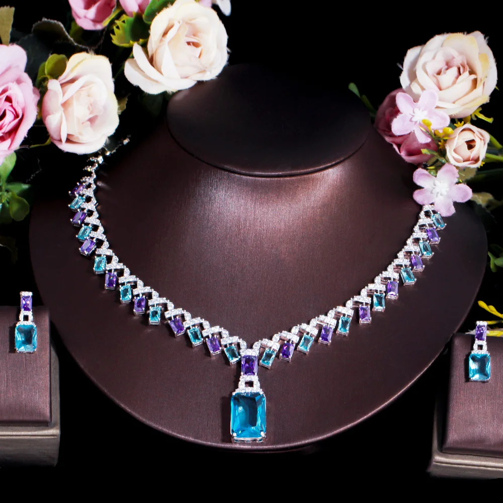 Beautiful Purple Blue Cubic Zircon Crystal Dangle Drop Bridal Wedding Necklace P - £43.20 GBP