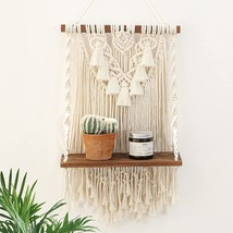Single Tier Macrame Boho Wall Hanging Shelf, Handmade Bohemian Wooden Woven - £25.96 GBP