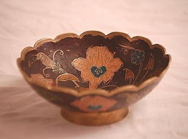 Old Vintage Cloisonne Enamel Brass Pedestal Base Bowl w Painted Floral Pattern - $14.84