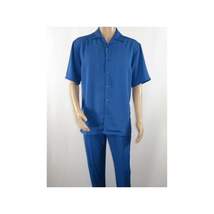 Men INSERCH 2pc Walking Leisure Suit Shirt Pants Set Short Sleeves 9356 Blue image 7